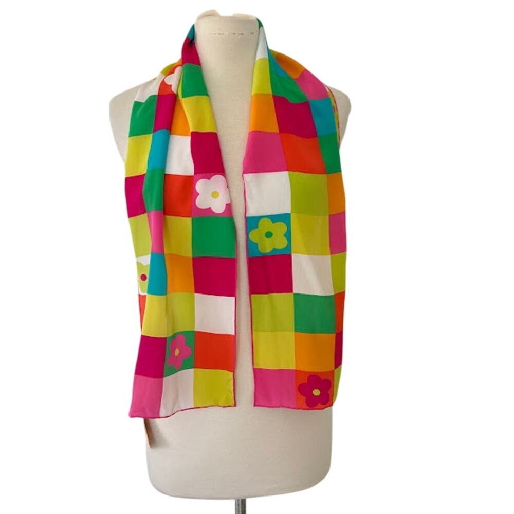 NEW! Echo 100% Silk Floral Checked Scarf OS Logo Retro Geometric